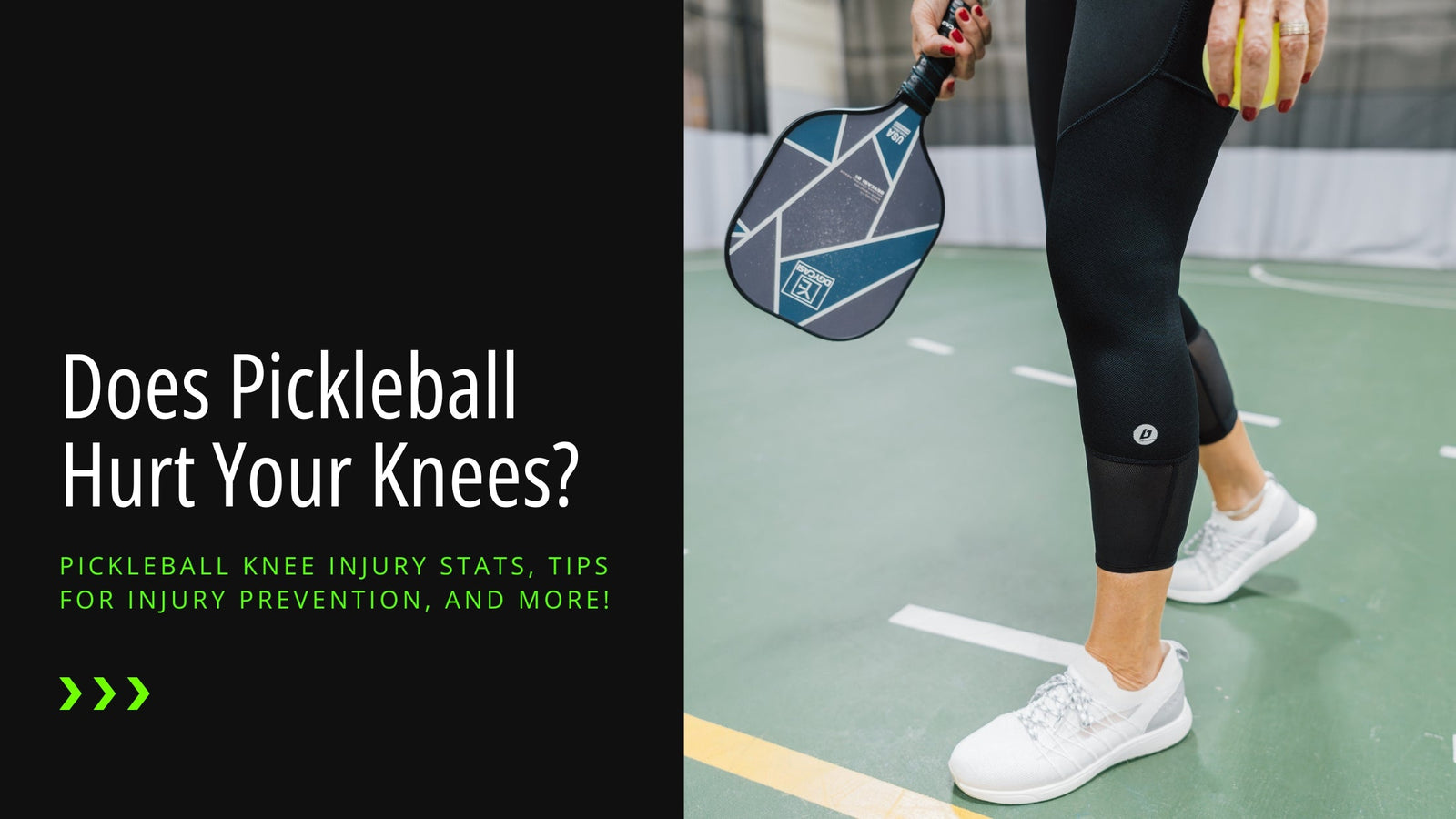 A blog header for Bracelayer's post "Does pickleball hurt your knees?" It is a split graphic, showing the title on the left side of the graphic and a woman from the waist down on a pickleball court. She is holding a pickleball paddle and wiffle ball. She