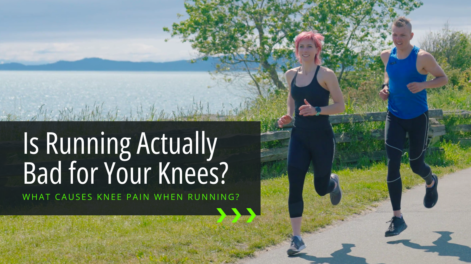 Wondering if running is actually bad for your knees? This article will let you know, and the header for this blog post shows two people running without knee pain on a path overlooking the ocean, wearing Bracelayer's compression pants with knee support.