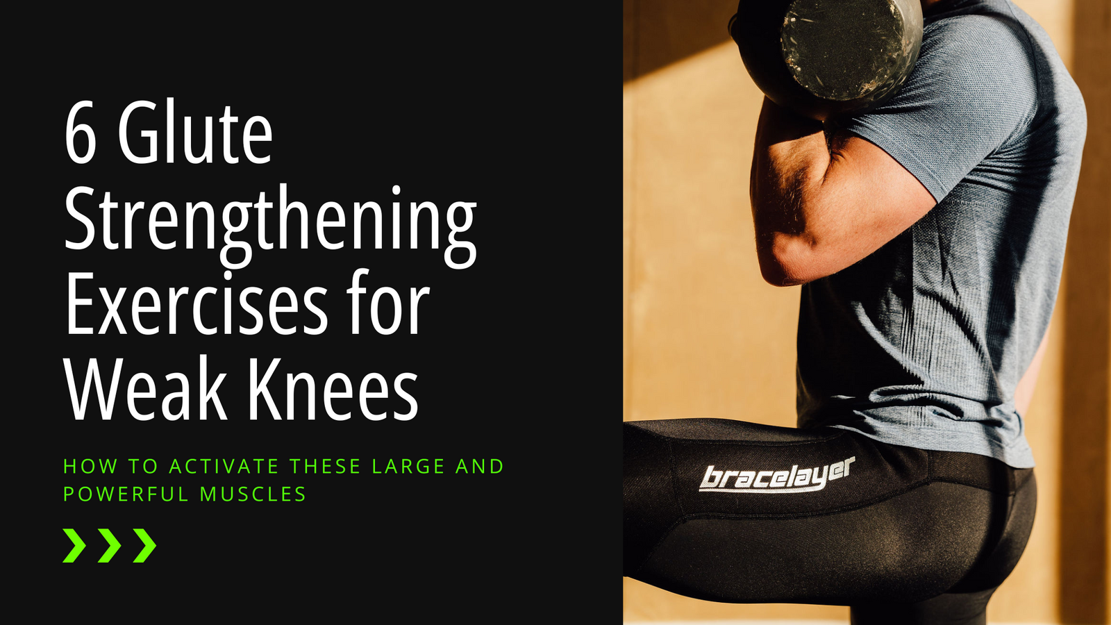 Looking for glute strengthening exercises for knee pain? This blog post has you covered. This image is a header for the blog post, showing the title "6 Glute Strengthening Exercises for Knee Pain" on one third of the image, and a person with their leg up
