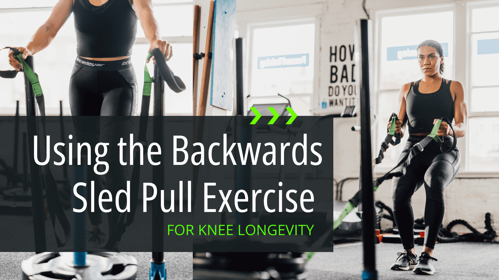 Backwards Sled Pull for Knee Longevity graphic header by Bracelayer® USA | Knee Compression Gear, Sled pull muscles worked, knee pulls, strengthening knees, sled pull.