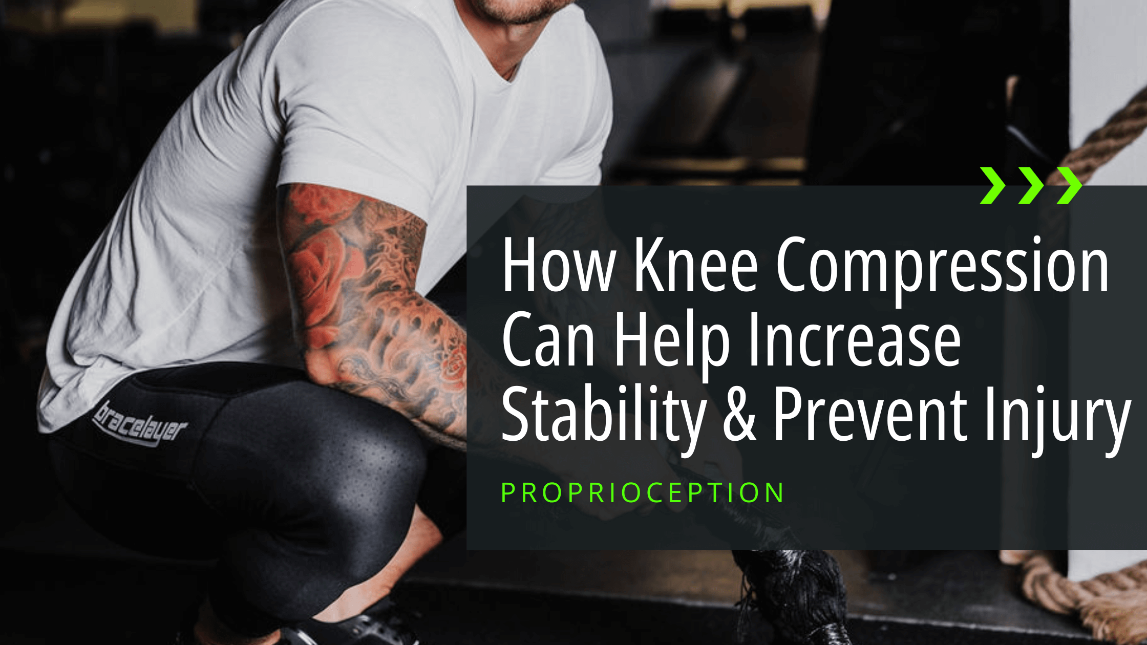 Blog banner for How Knee Compression Can Increase Stability & Prevent Injury showing a close up of a person crouching wearing Bracelayer Pants and the title. Knee Compression, Knee Instability, Knee Sleeves Bracelayer® USA | Knee Compression Gear