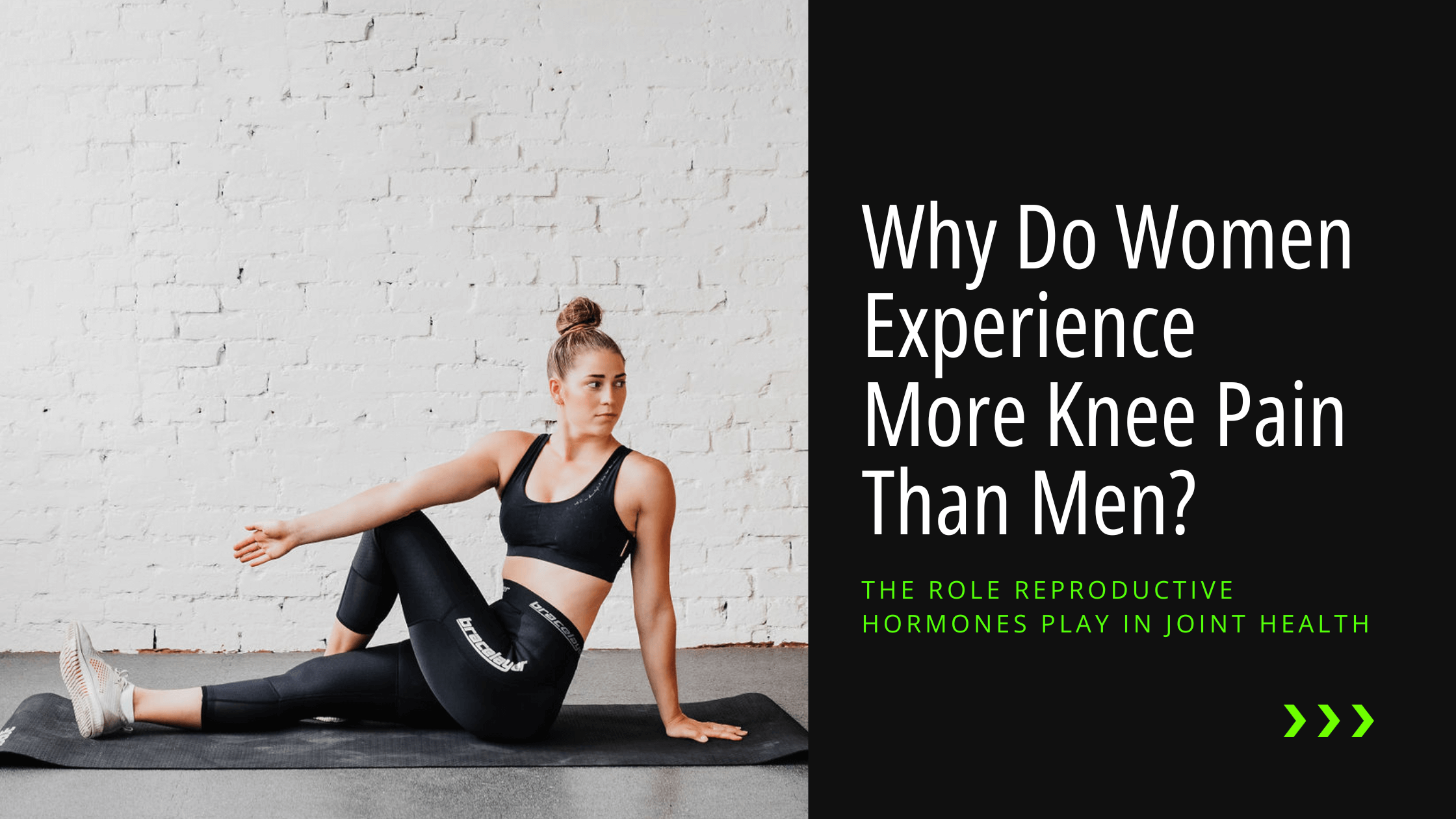 Blog header for "Why do women experience more knee pain than men?" showing a woman in a twist yoga post on the left and the heading on the right of the graphic. Knee pain pregnancy, knee pain during pregnancy, knee pain postpartum, knee pain during period