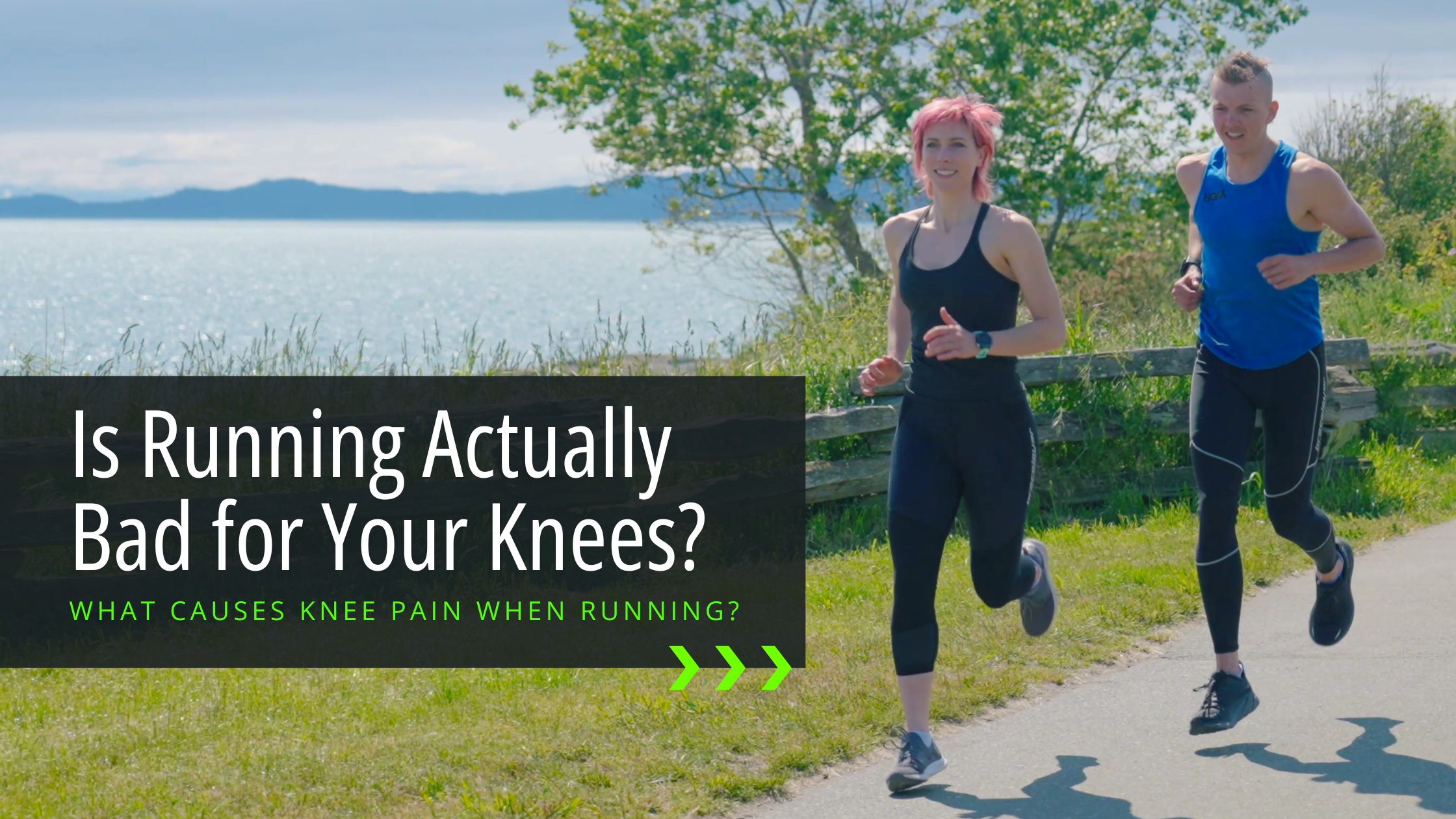 Wondering if running is actually bad for your knees? This article will let you know, and the header for this blog post shows two people running without knee pain on a path overlooking the ocean, wearing Bracelayer's knee stabilizing compression pants for 