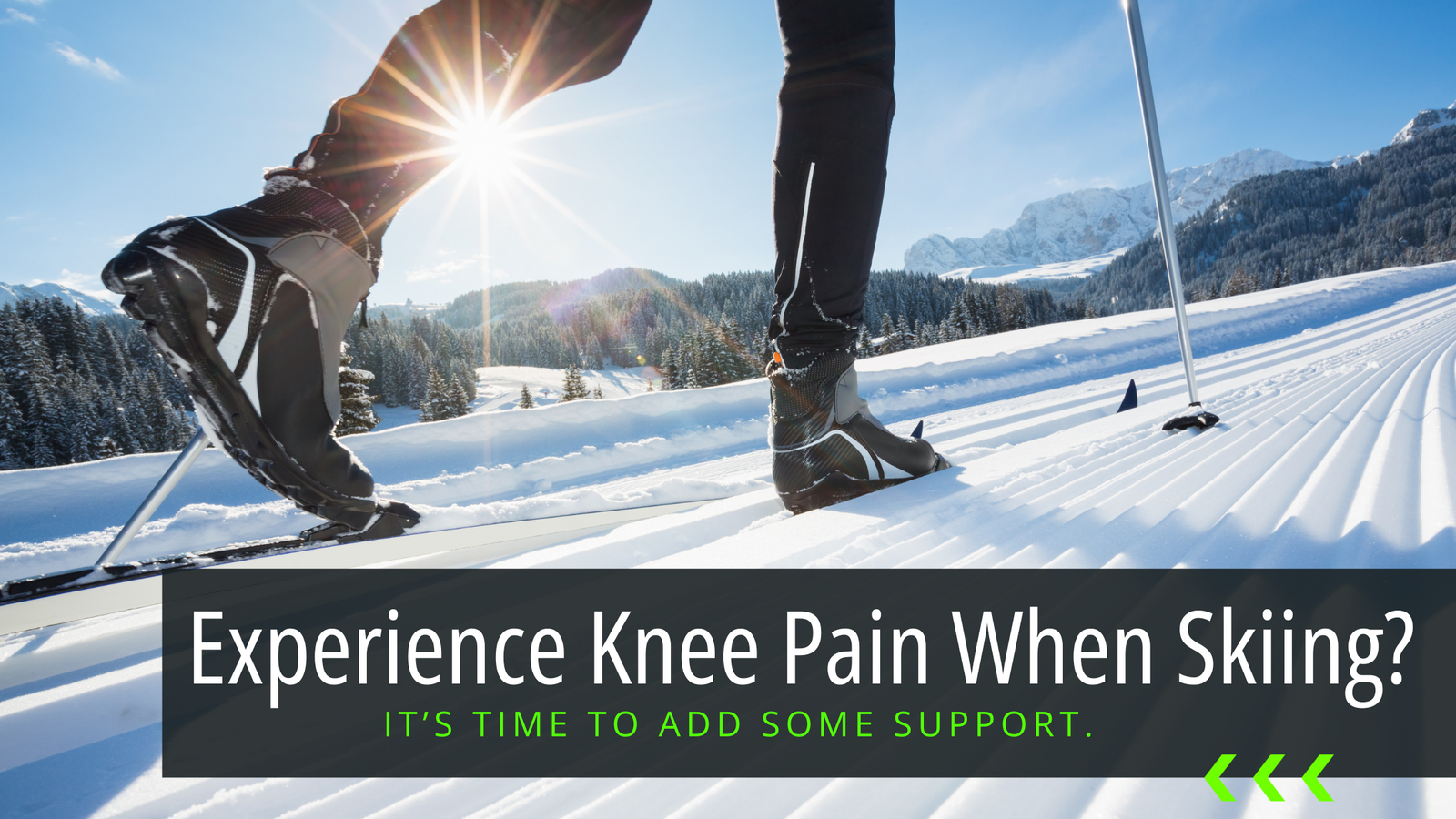 Bracelayer Blogs - Header for Experiencing Knee Pain When Skiing? It's time to add support. It shows the title and subtitle while a person skis in the background.