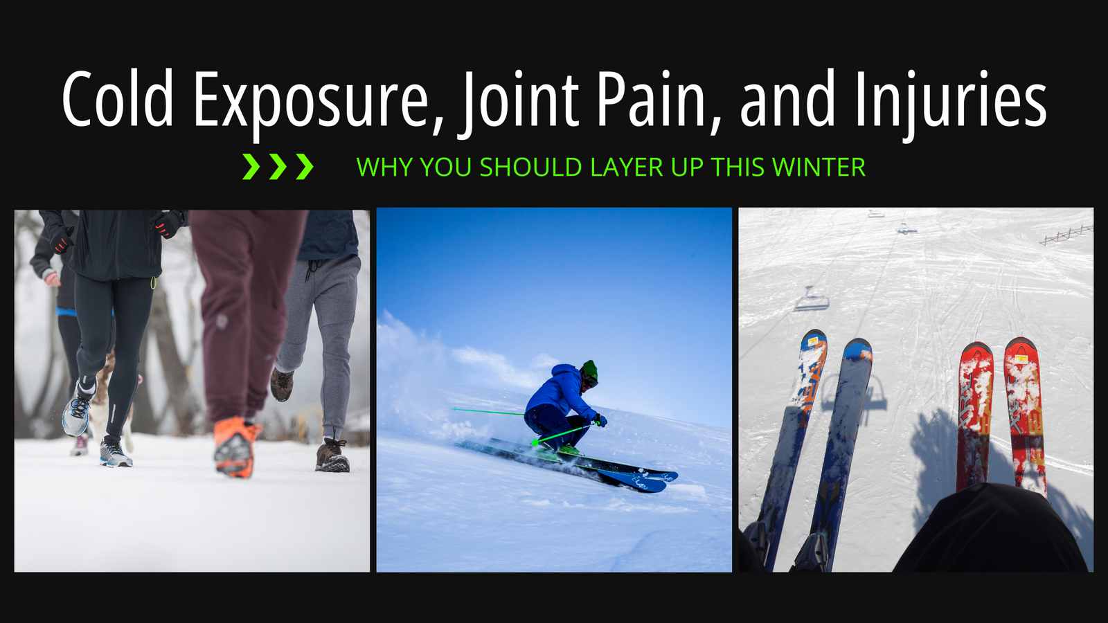 A header for a blog post exploring if cold exposure, joint pain, and injuries are connected. Many people experience knee pain when cold weather hits, especially during activities like running and skiing, pictured side by side in a photo grid underneath th