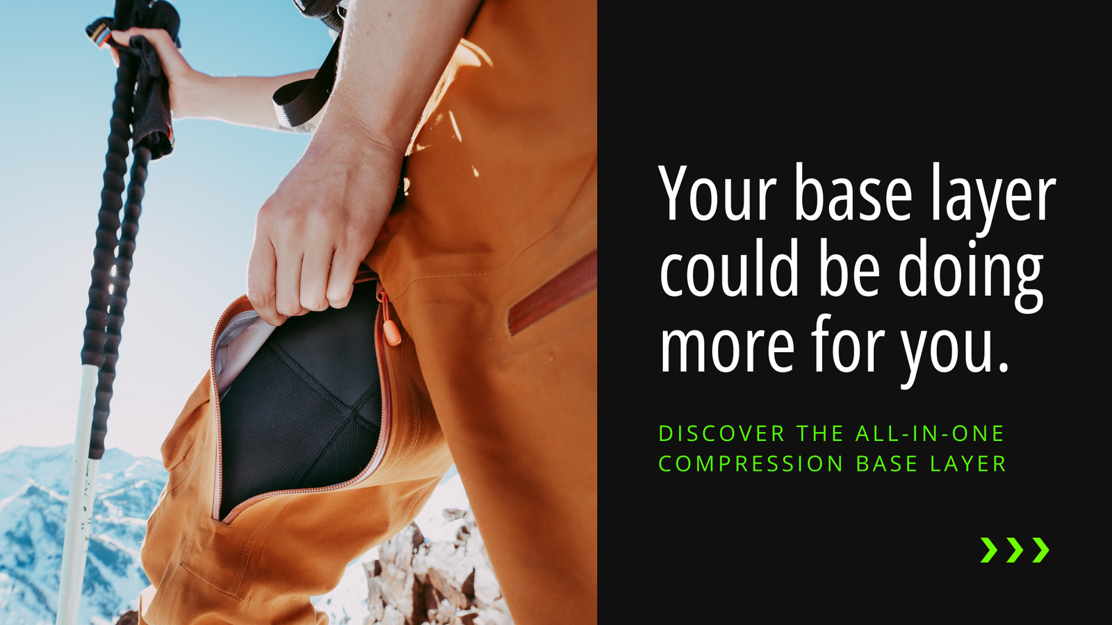 Your compression base layer could be doing more for you - and this header for this blog by Bracelayer shows just that! The text on the right is framed by an image of a skier with open ski pants rocking Bracelayer's base layer.